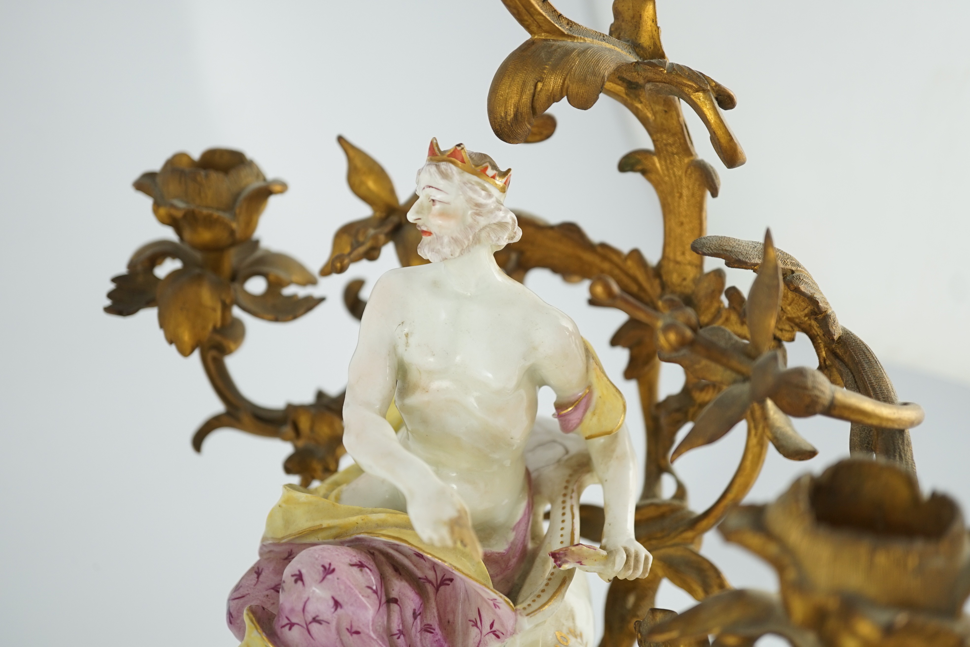 A pair of large Derby porcelain and ormolu mounted ‘Juno and Jupiter’ figural candelabra, the figures c.1760